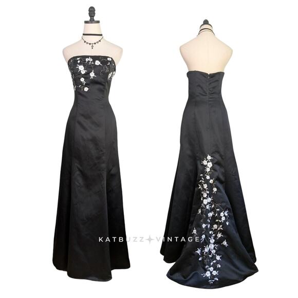 Vintage Prom Dress Maxi Gown 8 Black White 90s Y2K Goth Glam Floral Strapless - Picture 1 of 13